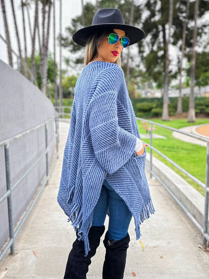 Navy Chevron Knitted Ruana Cardigan with Tassels and Pockets