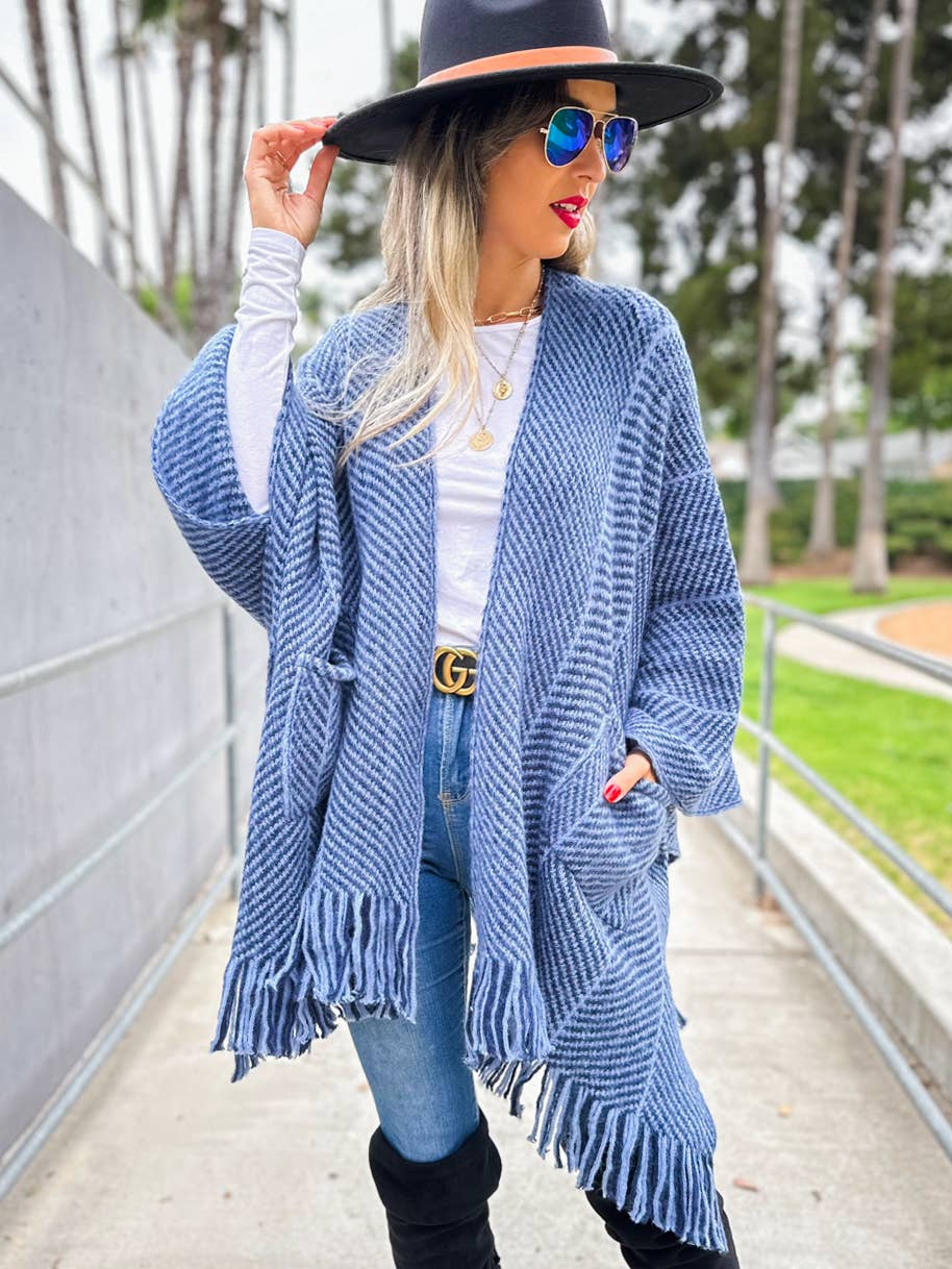 Navy Chevron Knitted Ruana Cardigan with Tassels and Pockets