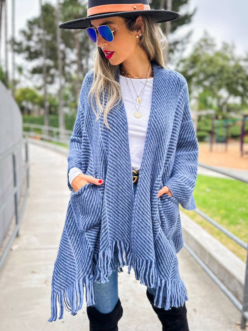 Navy Chevron Knitted Ruana Cardigan with Tassels and Pockets