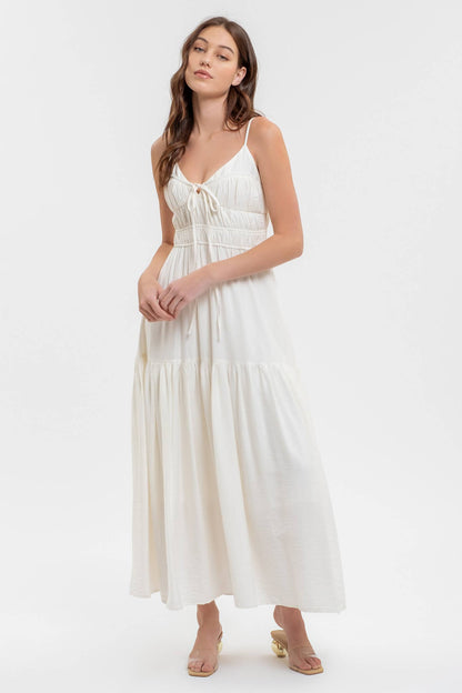 Shirred Front Tie Sleeveless Midi Dress