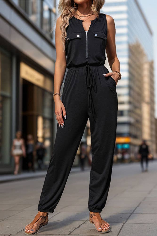 Zipper Down Drawstring Waist Sleeveless Jumpsuit