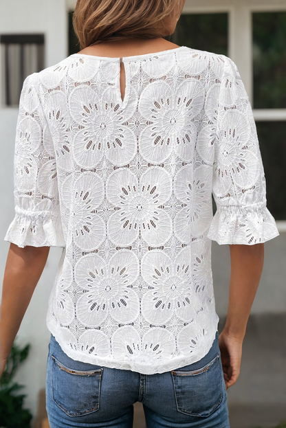 LDC Flower Jacquard Keyhole Flounce Sleeve Top